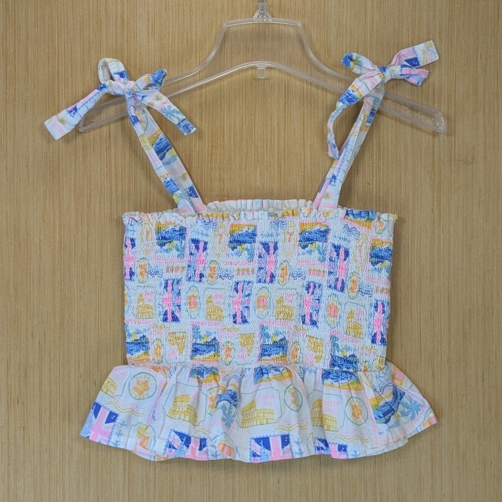 Haute Hippie Style Smocked Crop Top M Europe Vacation Ruffle Peplum Tie Strap